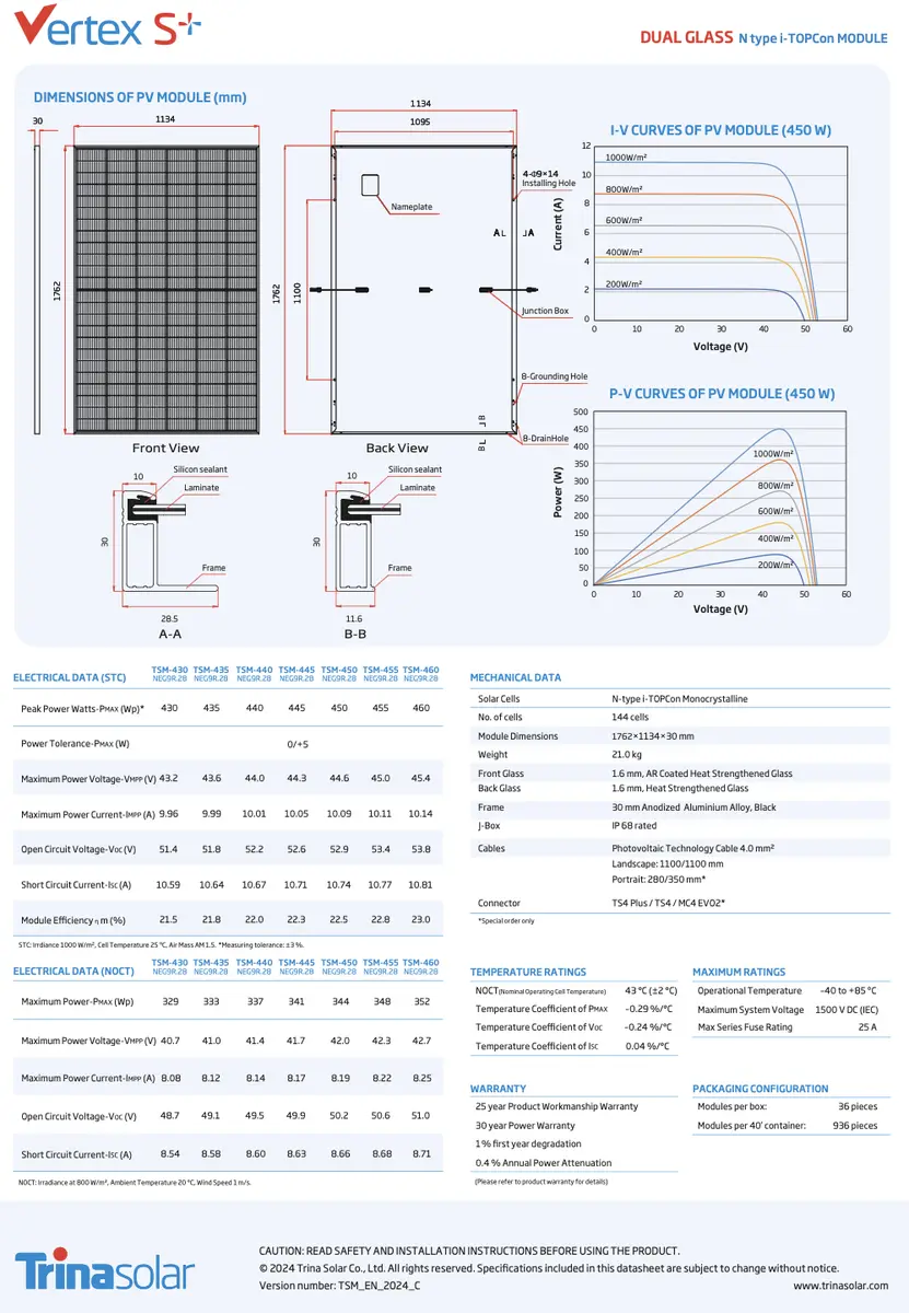 Monokristalni panel Trina Solar • Vertex S+ Dual Glass N type i-TOPCon Module 455Wp, godište 2025 • 7